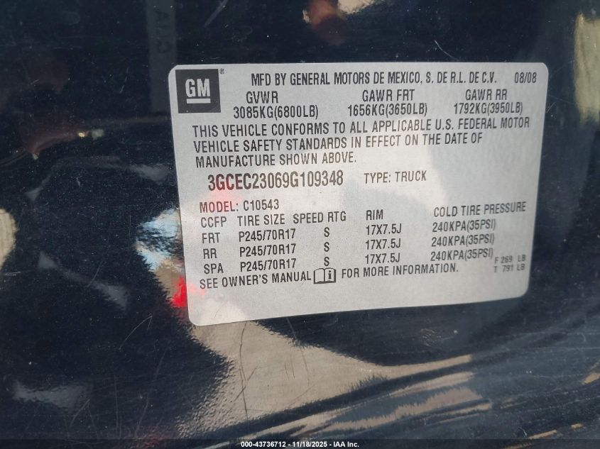 2009 Chevrolet Silverado 1500 Lt VIN: 3GCEC23069G109348 Lot: 43736712