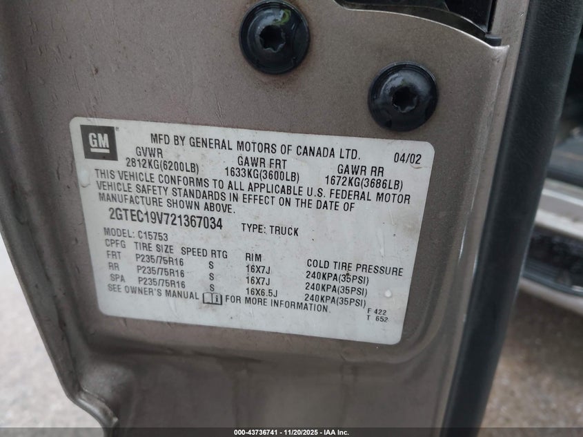 2002 GMC Sierra 1500 Sle VIN: 2GTEC19V721367034 Lot: 43736741