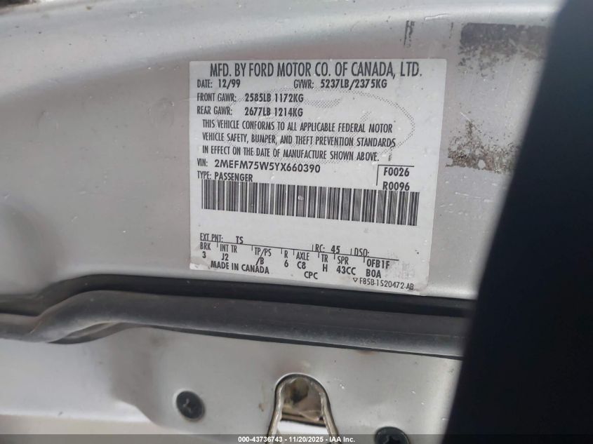 2000 Mercury Grand Marquis Ls VIN: 2MEFM75W5YX660390 Lot: 43736743