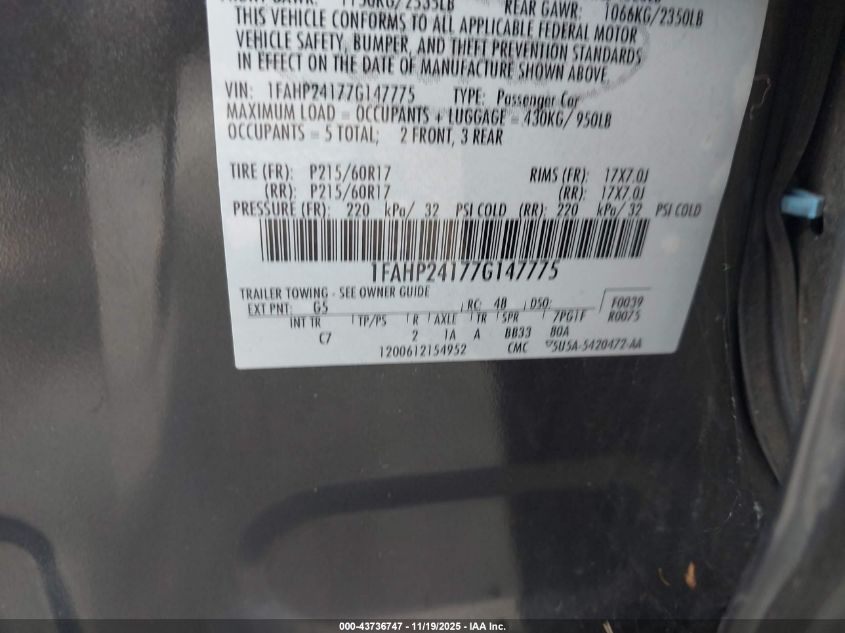 2007 Ford Five Hundred Sel VIN: 1FAHP24177G147775 Lot: 43736747