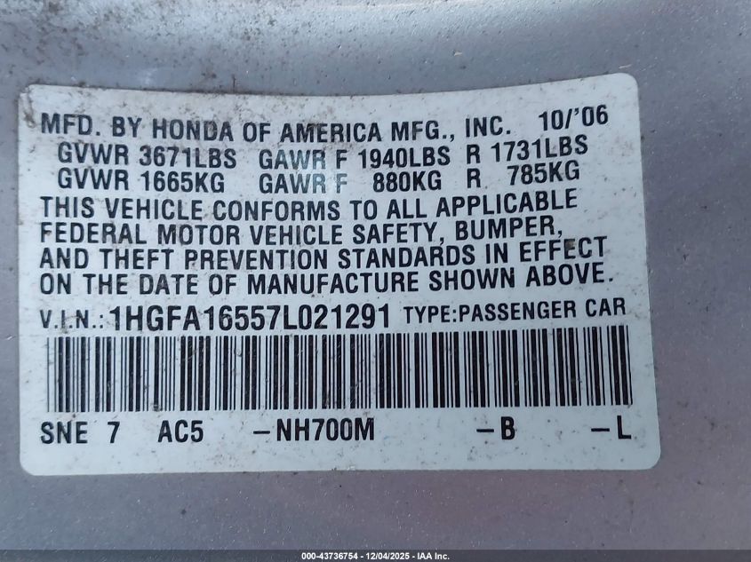 2007 Honda Civic Lx VIN: 1HGFA16557L021291 Lot: 43736754