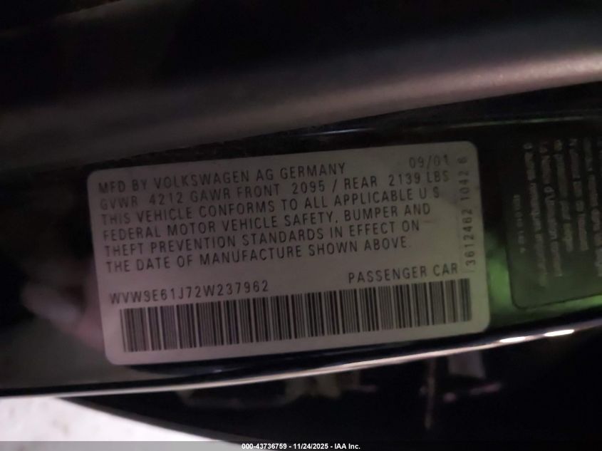2002 Volkswagen Jetta Gls 1.8L VIN: WVWSE61J72W237962 Lot: 43736759