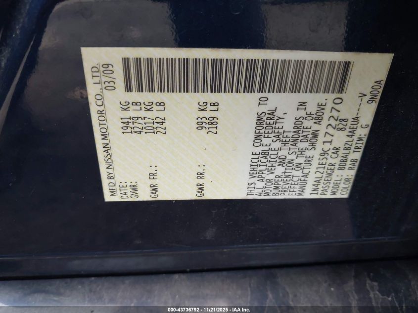 2009 Nissan Altima 2.5 S VIN: 1N4AL21E59C172270 Lot: 43736792