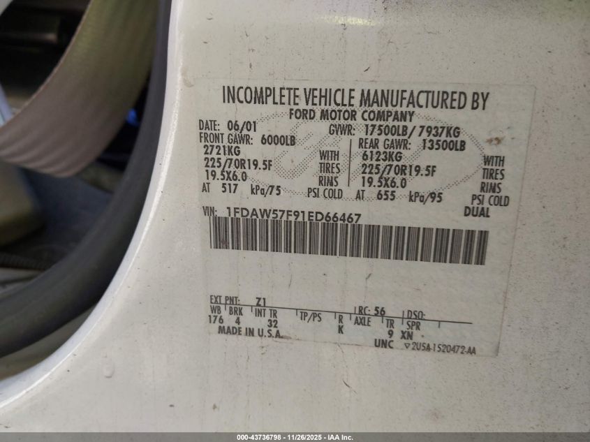 2001 Ford F-550 Lariat/Xl/Xlt VIN: 1FDAW57F91ED66467 Lot: 43736798