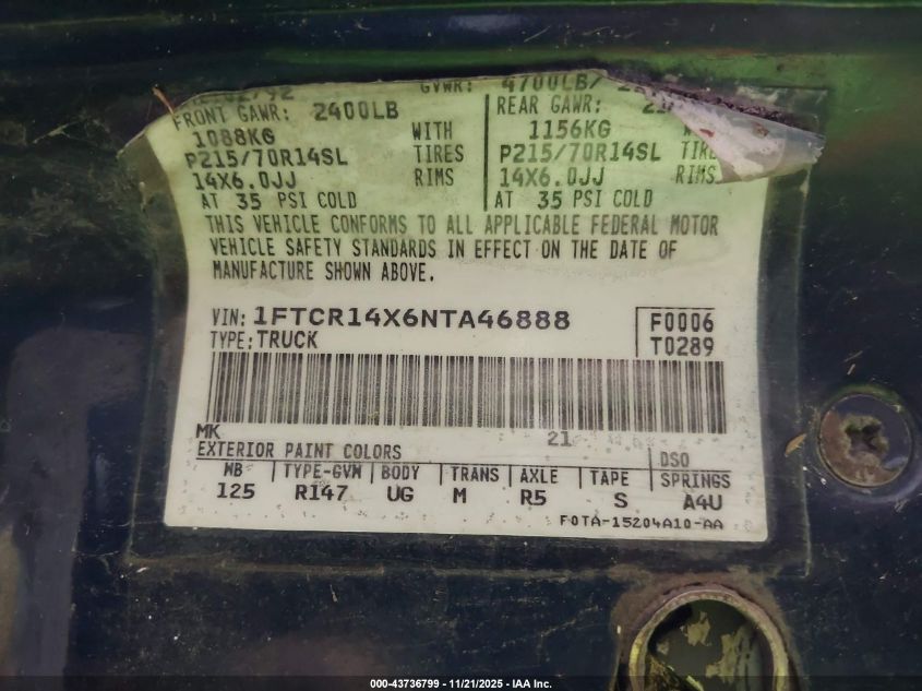 1992 Ford Ranger Super Cab VIN: 1FTCR14X6NTA46888 Lot: 43736799