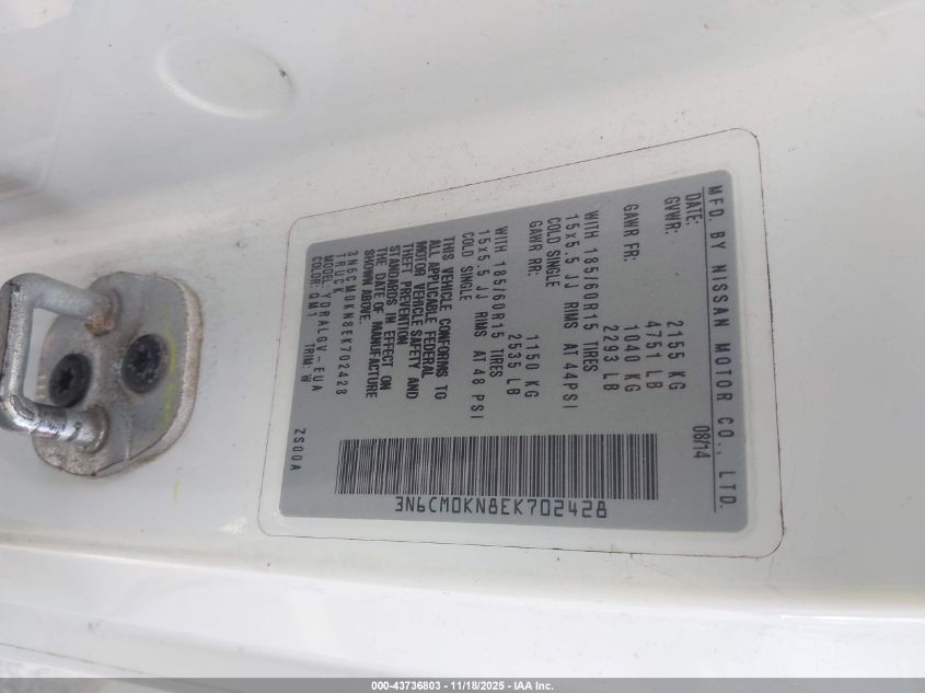 2014 Nissan Nv200 Sv VIN: 3N6CM0KN8EK702428 Lot: 43736803