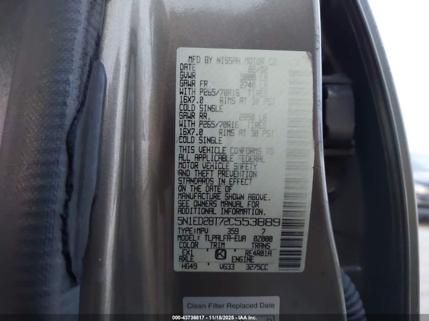 2002 Nissan Xterra Se VIN: 5N1ED28T72C553889 Lot: 43736817