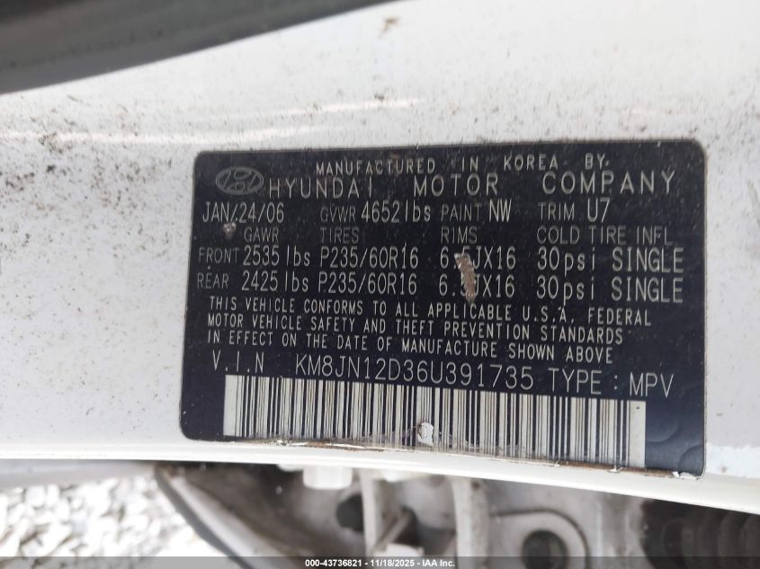 2006 Hyundai Tucson Gls/Limited VIN: KM8JN12D36U391735 Lot: 43736821