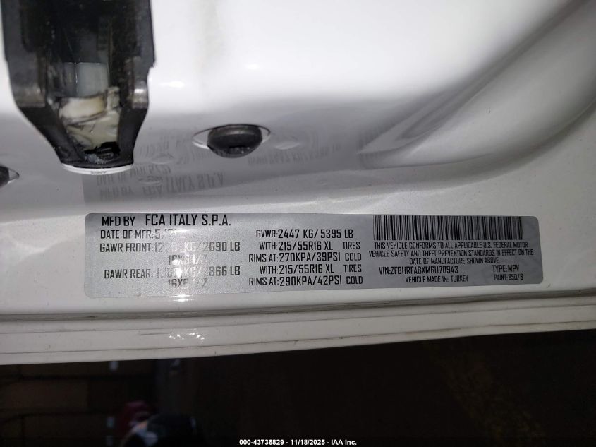 2021 Ram Promaster City Tradesman VIN: ZFBHRFABXM6U70943 Lot: 43736829