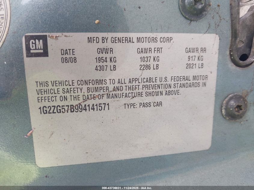 2009 Pontiac G6 VIN: 1G2ZG57B994141571 Lot: 43736831