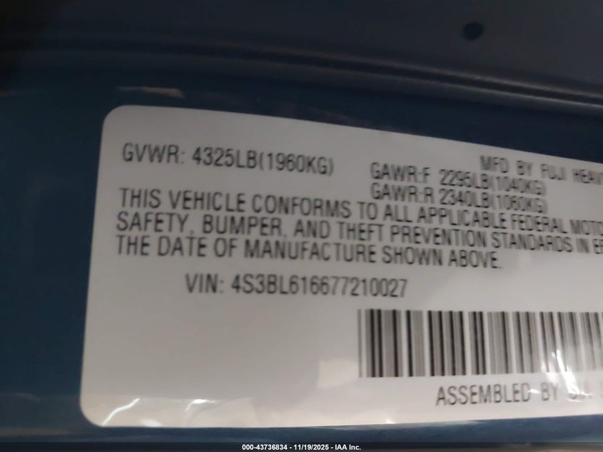 2007 Subaru Legacy 2.5I VIN: 4S3BL616677210027 Lot: 43736834