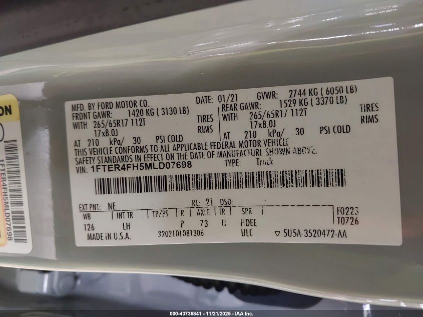2021 Ford Ranger Xlt VIN: 1FTER4FH5MLD07698 Lot: 43736841