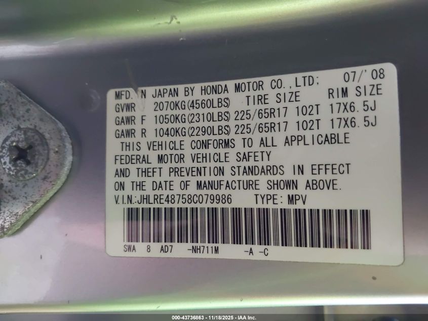 2008 Honda Cr-V Ex-L VIN: JHLRE48758C079986 Lot: 43736863