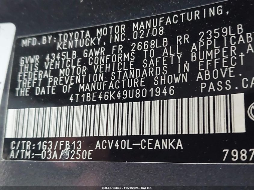 2009 Toyota Camry Le VIN: 4T1BE46K49U801946 Lot: 43736875
