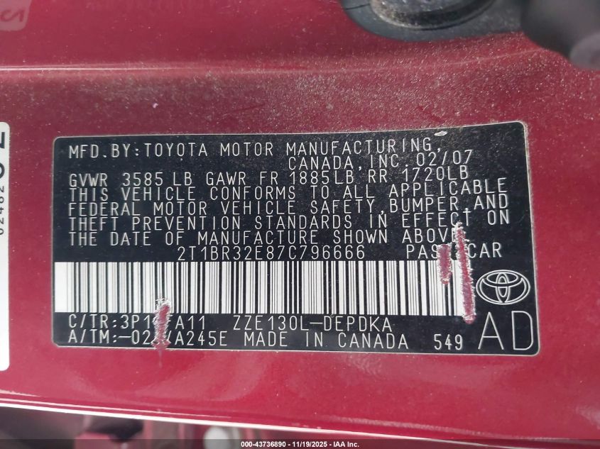 2007 Toyota Corolla Ce VIN: 2T1BR32E87C796666 Lot: 43736890