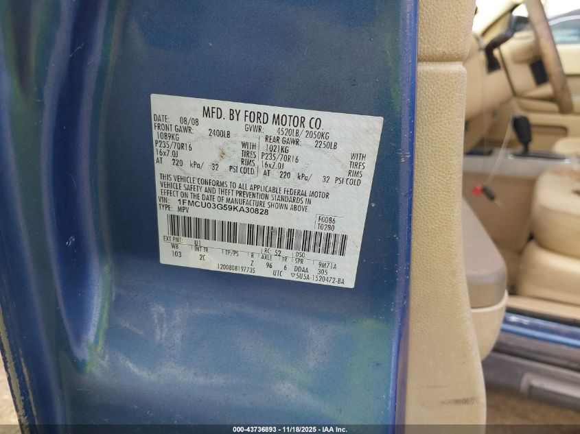 2009 Ford Escape Xlt VIN: 1FMCU03G59KA30828 Lot: 43736893