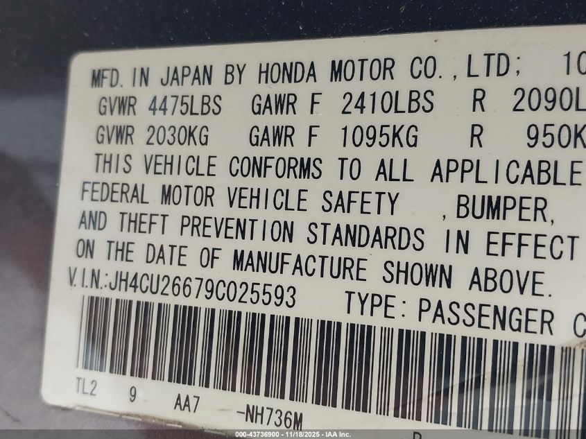 2009 Acura Tsx VIN: JH4CU26679C025593 Lot: 43736900