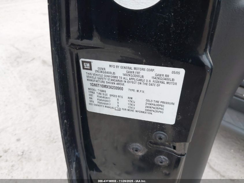 2005 Chevrolet Trailblazer Ext Lt VIN: 1GNET16MX56200960 Lot: 43736908