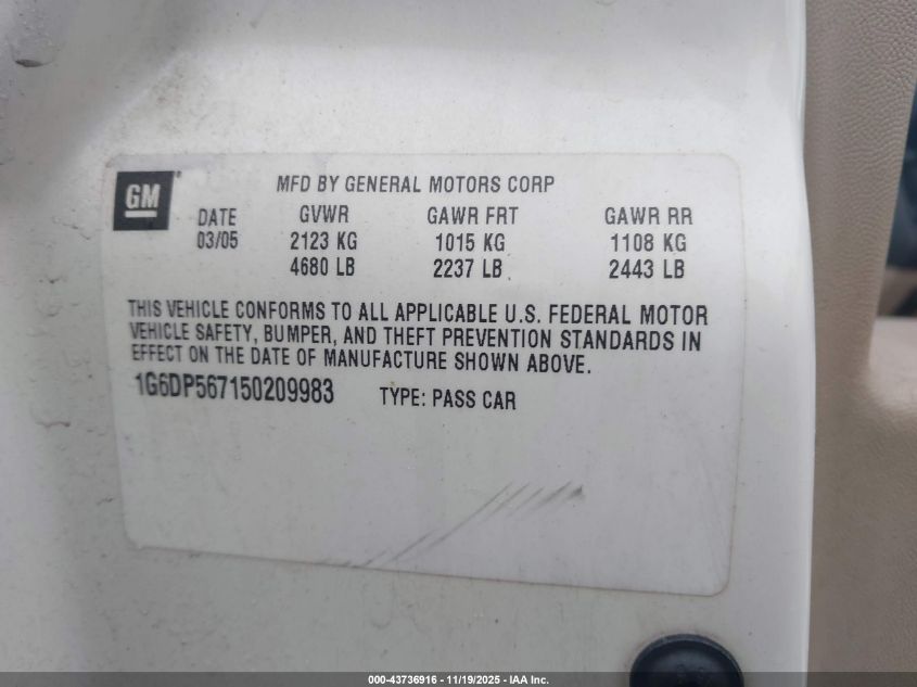 2005 Cadillac Cts Standard VIN: 1G6DP567150209983 Lot: 43736916