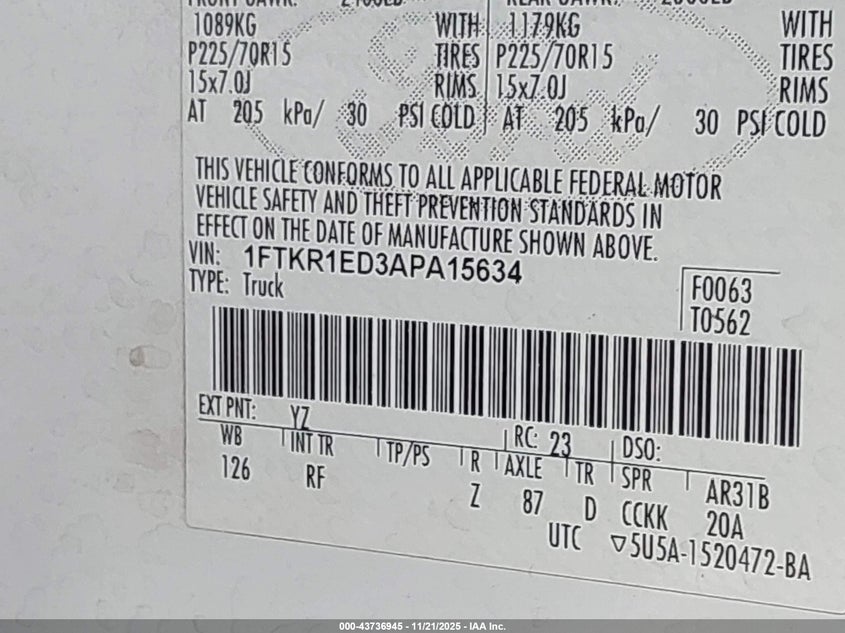 2010 Ford Ranger Xl/Xlt VIN: 1FTKR1ED3APA15634 Lot: 43736945