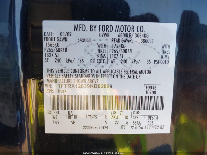 2009 Ford F-150 Stx VIN: 1FTRX12839KB82869 Lot: 43736954