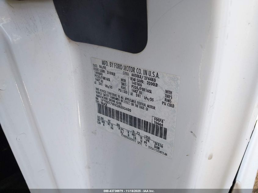 2002 Ford F-150 Lariat/Xl/Xlt VIN: 1FTRX17WX2KE03400 Lot: 43736979