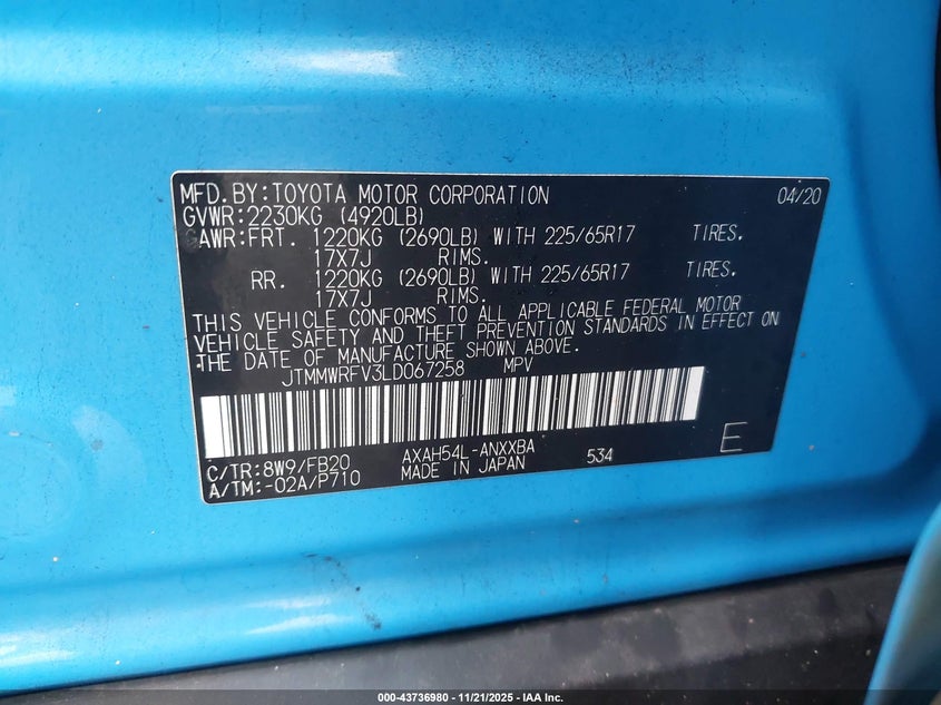 JTMMWRFV3LD067258 2020 TOYOTA RAV 4 photo no. 9