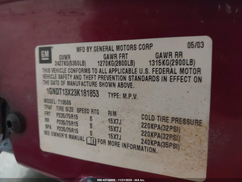2003 Chevrolet Blazer Ls VIN: 1GNDT13X23K181853 Lot: 43736988