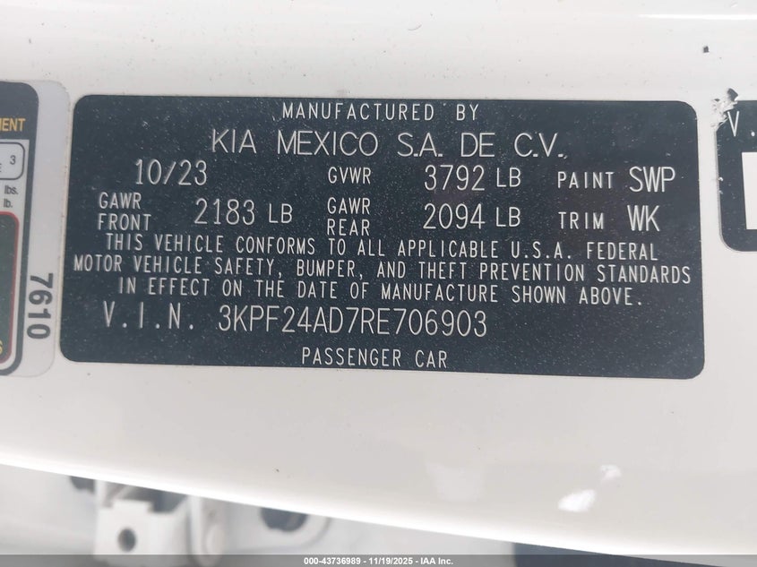 2024 Kia Forte Lxs VIN: 3KPF24AD7RE706903 Lot: 43736989