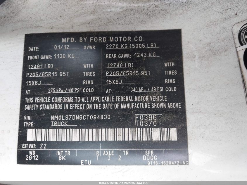 2012 Ford Transit Connect Xlt VIN: NM0LS7DN6CT094830 Lot: 43736996