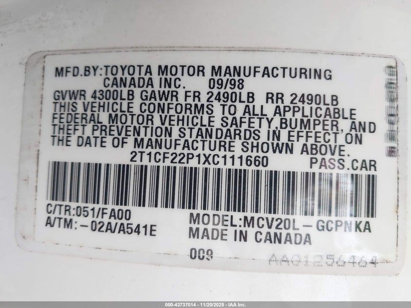 1999 Toyota Camry Solara Se V6 VIN: 2T1CF22P1XC111660 Lot: 43737014