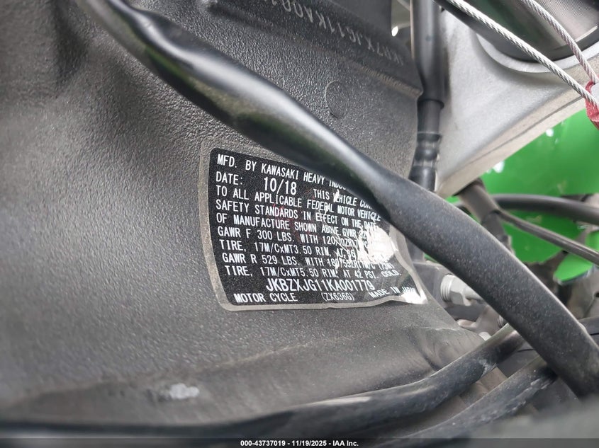 2019 Kawasaki Zx636 K VIN: JKBZXJG11KA001779 Lot: 43737019