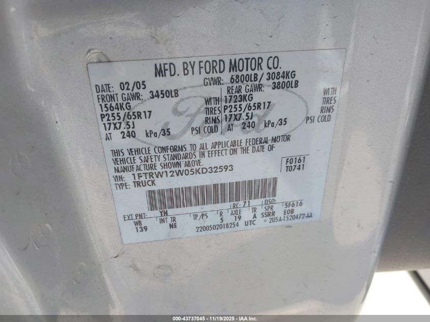 2005 Ford F-150 Xlt VIN: 1FTRW12W05KD32593 Lot: 43737045