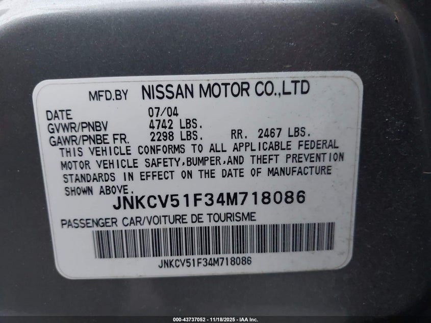 2004 Infiniti G35X VIN: JNKCV51F34M718086 Lot: 43737052