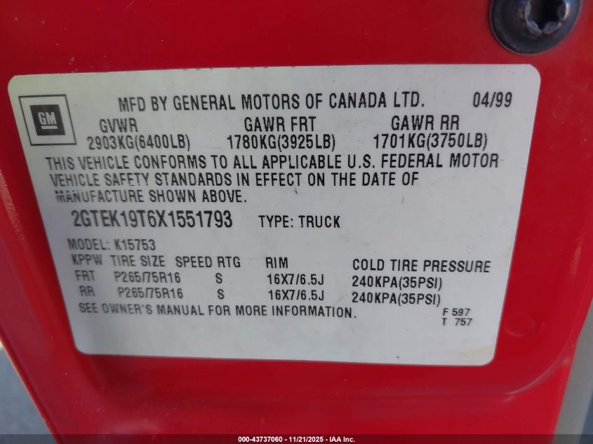 1999 GMC Sierra 1500 Sle VIN: 2GTEK19T6X1551793 Lot: 43737060