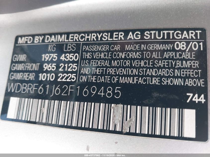 2002 Mercedes-Benz C 240 VIN: WDBRF61J62F169485 Lot: 43737062