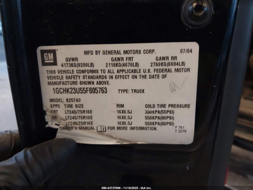 2005 Chevrolet Silverado 2500Hd Ls VIN: 1GCHK23U55F805763 Lot: 43737066