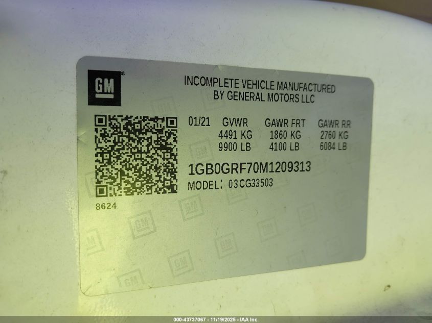 2021 Chevrolet Express Cutaway Work Van VIN: 1GB0GRF70M1209313 Lot: 43737067