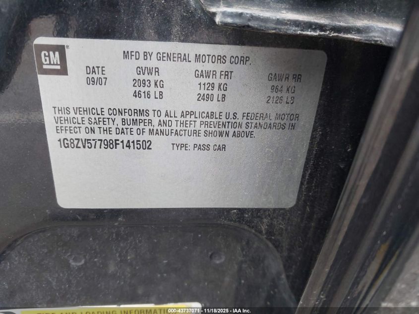 2008 Saturn Aura Xr VIN: 1G8ZV57798F141502 Lot: 43737071