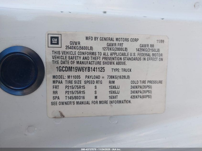 2000 Chevrolet Astro VIN: 1GCDM19W6YB141125 Lot: 43737078