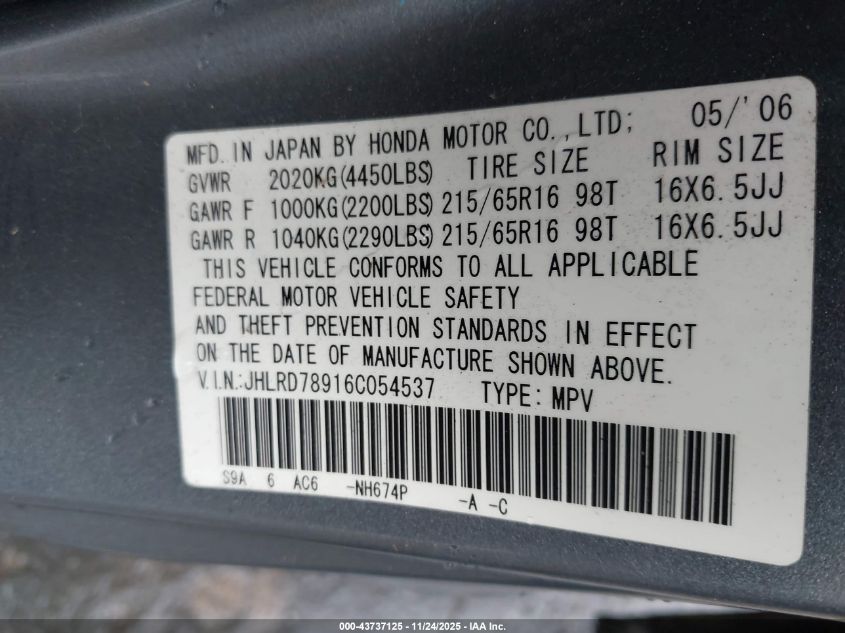 2006 Honda Cr-V Se VIN: JHLRD78916C054537 Lot: 43737125