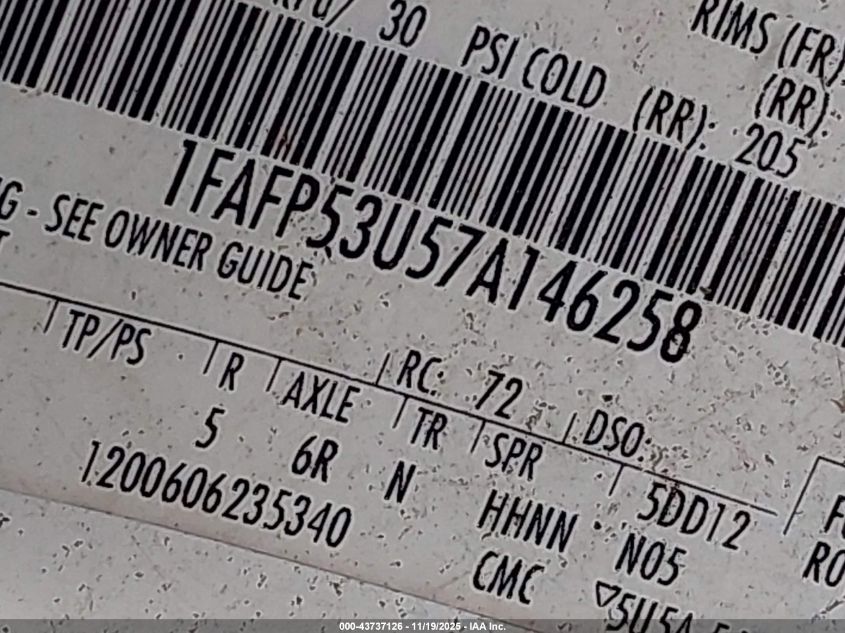 2007 Ford Taurus Se VIN: 1FAFP53U57A146258 Lot: 43737126