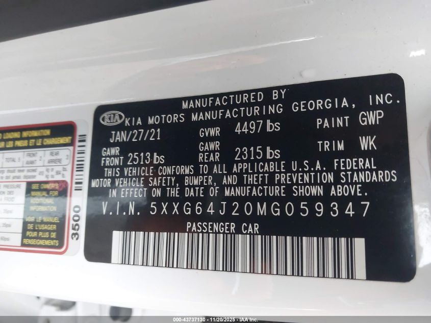 2021 Kia K5 Gt-Line VIN: 5XXG64J20MG059347 Lot: 43737130
