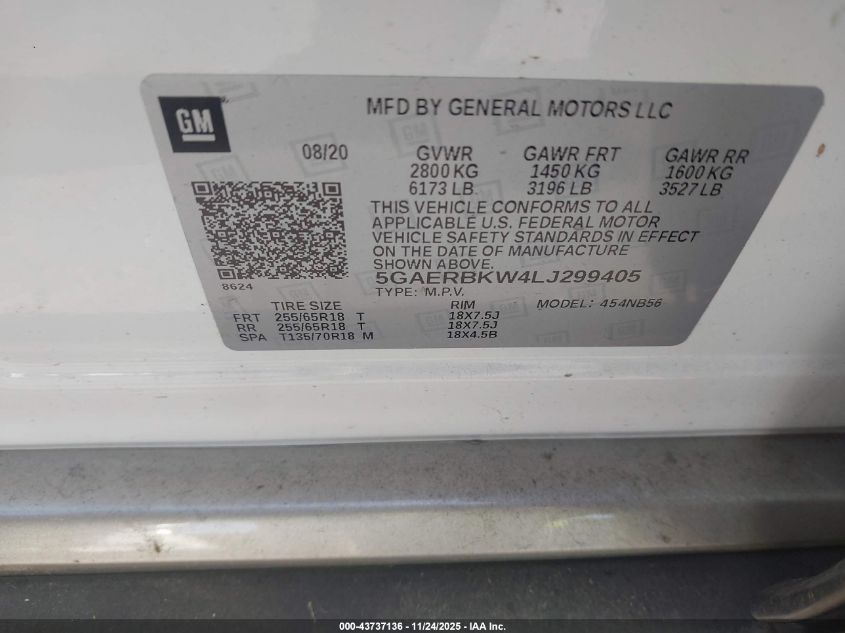 2020 Buick Enclave Fwd Essence VIN: 5GAERBKW4LJ299405 Lot: 43737136