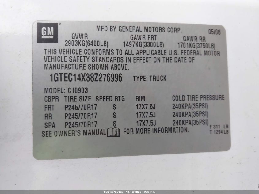 2008 GMC Sierra 1500 Work Truck VIN: 1GTEC14X38Z276996 Lot: 43737138