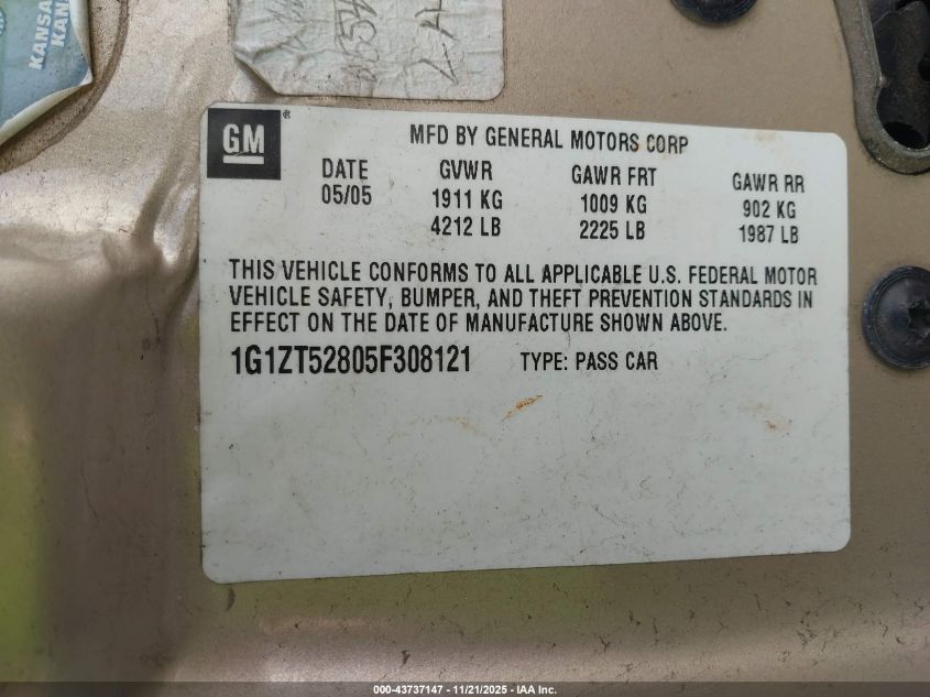 2005 Chevrolet Malibu Ls VIN: 1G1ZT52805F308121 Lot: 43737147