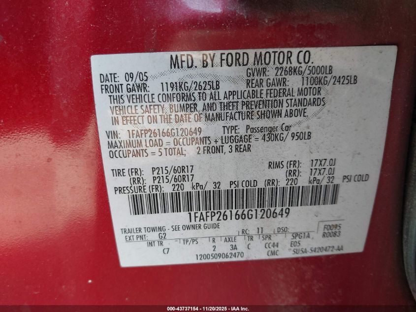 2006 Ford Five Hundred Se VIN: 1FAFP26166G120649 Lot: 43737154