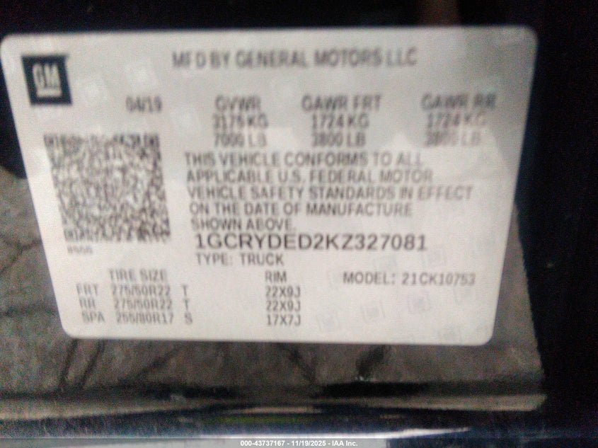 1GCRYDED2KZ327081 2019 CHEVROLET SILVERADO photo no. 9