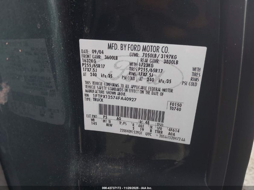 2004 Ford F-150 Lariat/Xl/Xlt VIN: 1FTPX12574FA40927 Lot: 43737172