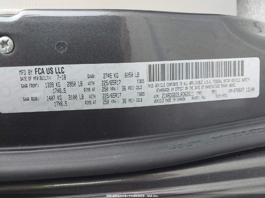 2018 Dodge Grand Caravan Se VIN: 2C4RDGBG9JR362611 Lot: 43737174